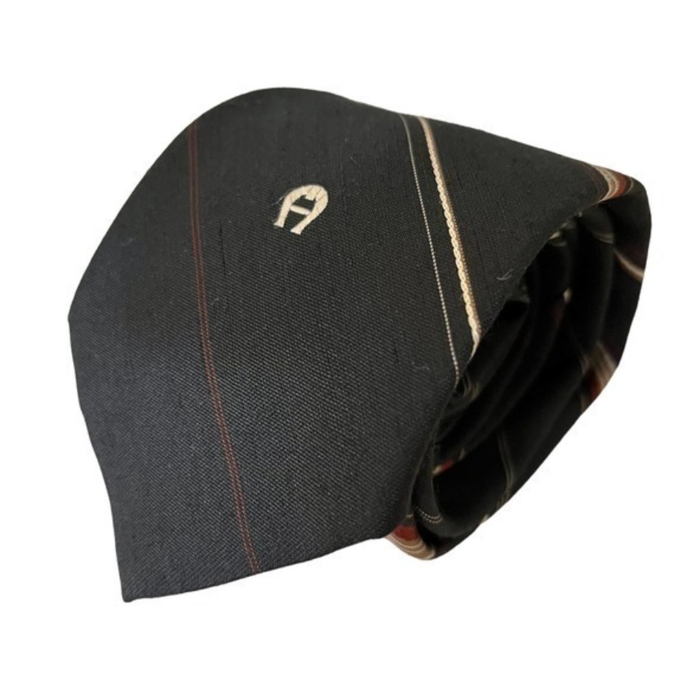 Vintage Etienne Aigner Black Striped Silk Blend Logo Tie